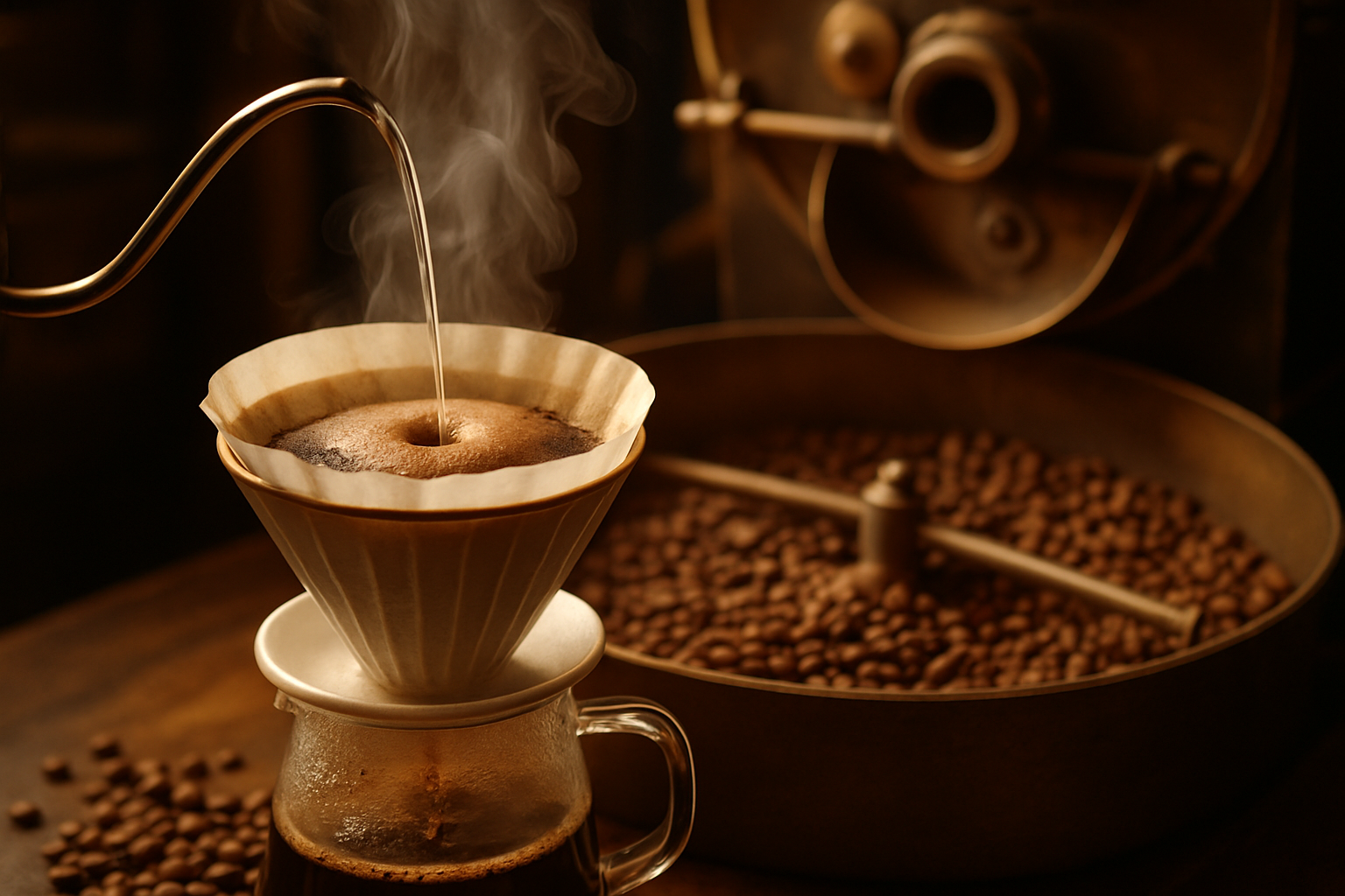 a beautiful coffee being brewed with sourced beans of coffee being roasted in the back round
